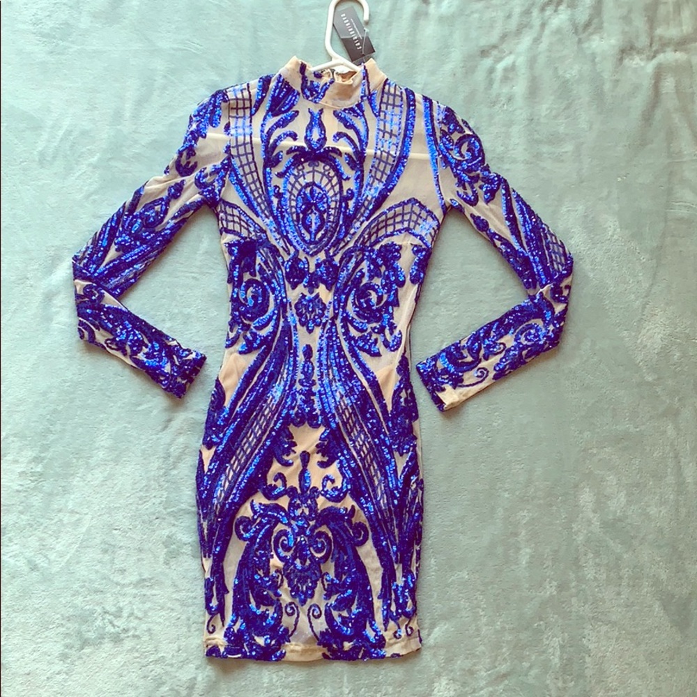 Royal Blue Sequin & Nude Midi Dress. NWT.